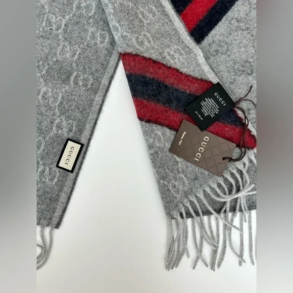 New With Tags Gucci Nikky Wool Alpaca Monogram Web light Gray Scarf Shawl Fringe - Picture 3 of 12